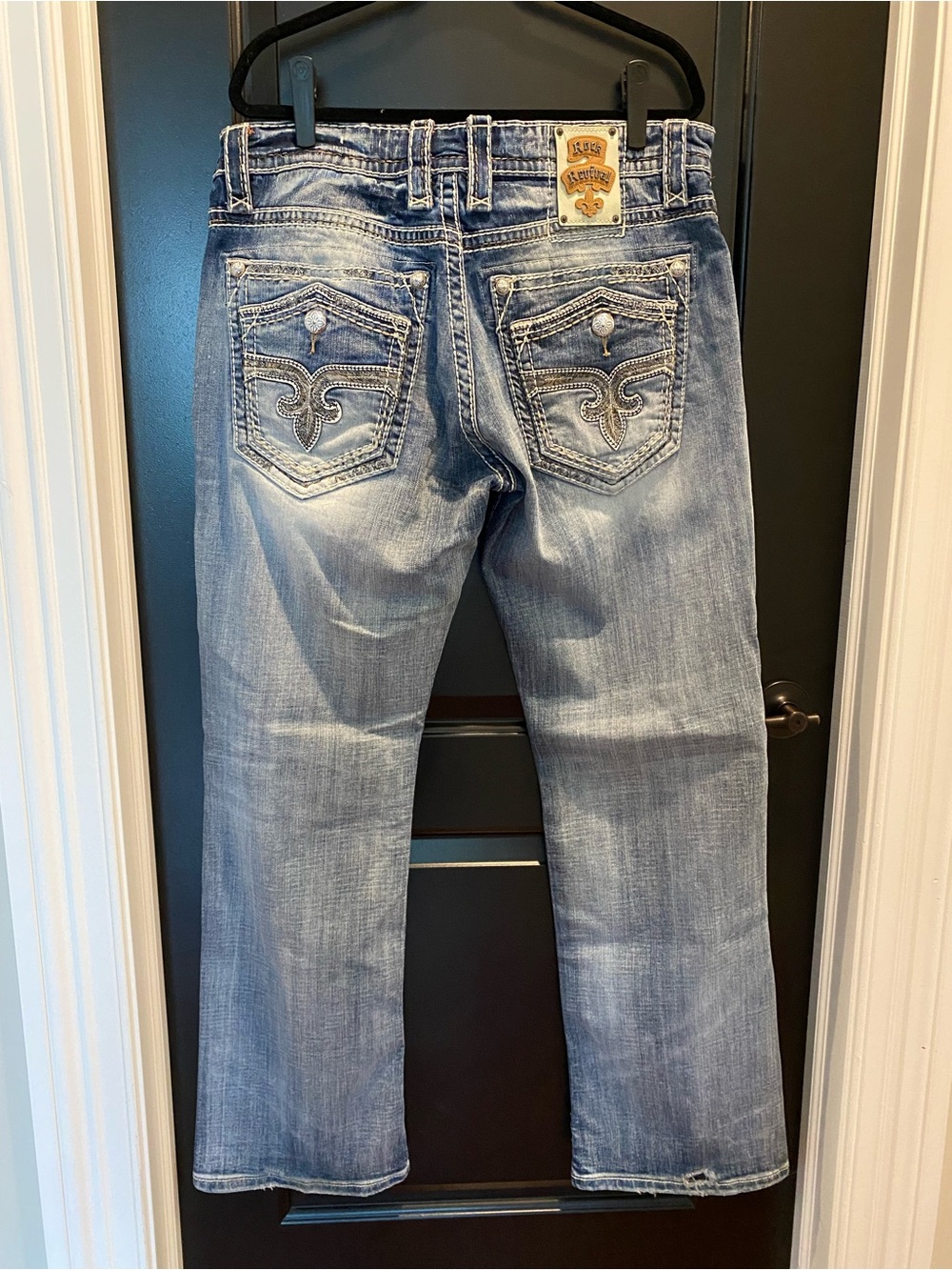 Rock Revival Leotis Faded Light Blue Embellished Pocket Relaxed Straight Jeans